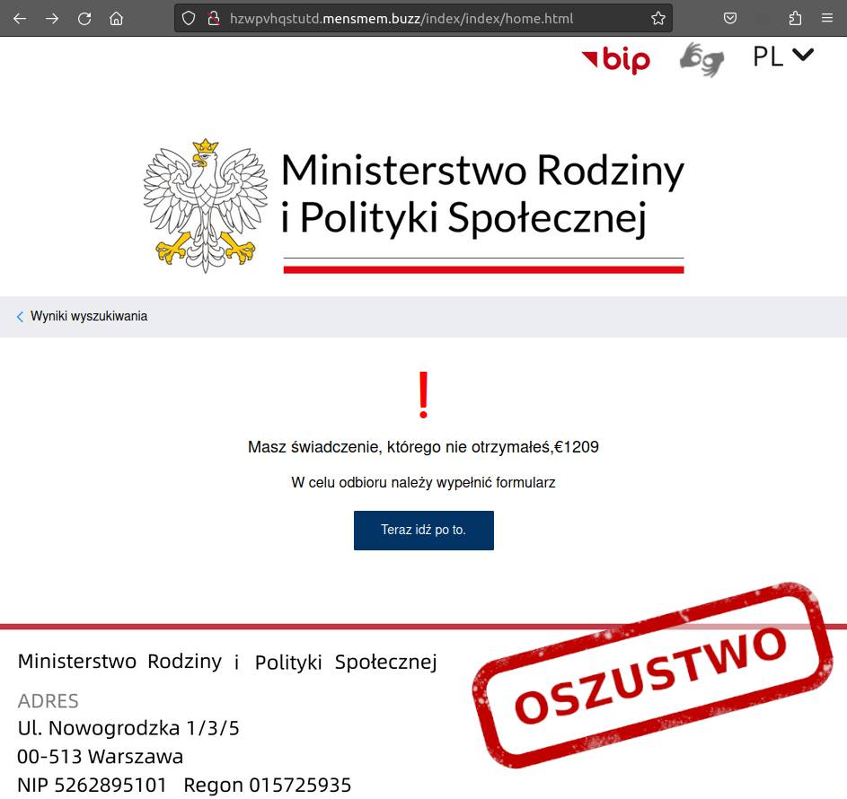 Oszustwo, bądźcie ostrożni! – Masz świadczenie, którego nie otrzymałeś, €1209. W celu odbioru należy wypełnić formularz.