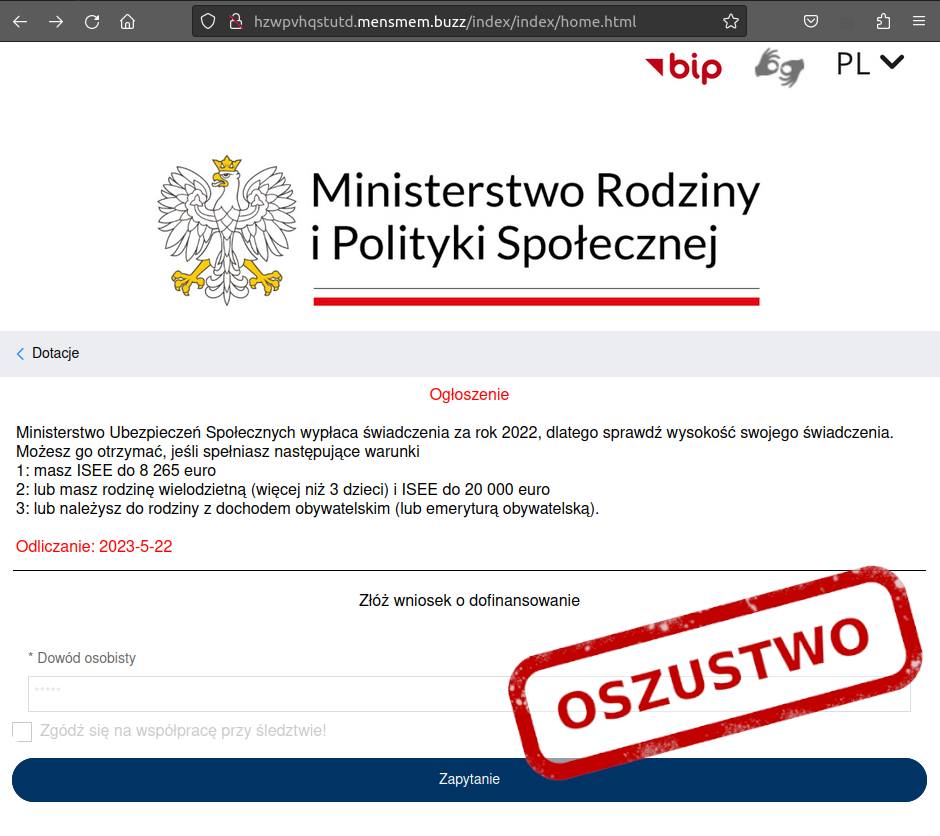Oszustwo, bądźcie ostrożni! – ogłoszenie: Ministerstwo Ubezpieczeń Społecznych wypłaca świadczenia za rok 2022