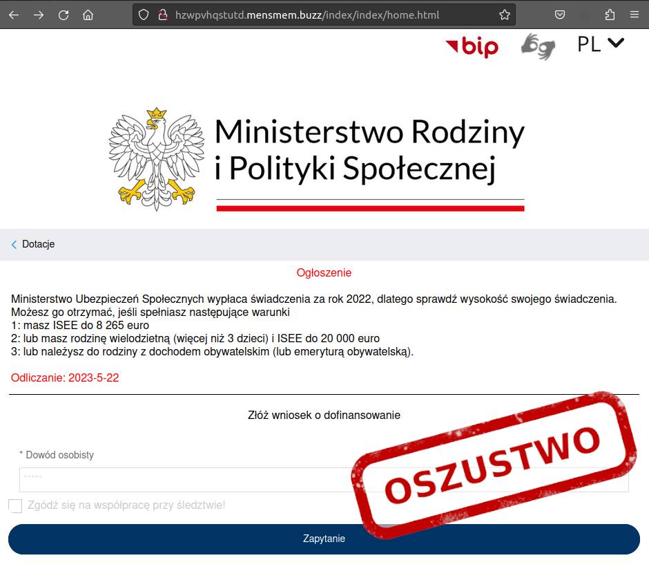 Oszustwo, bądźcie ostrożni! – ogłoszenie: Ministerstwo Ubezpieczeń Społecznych wypłaca świadczenia za rok 2022