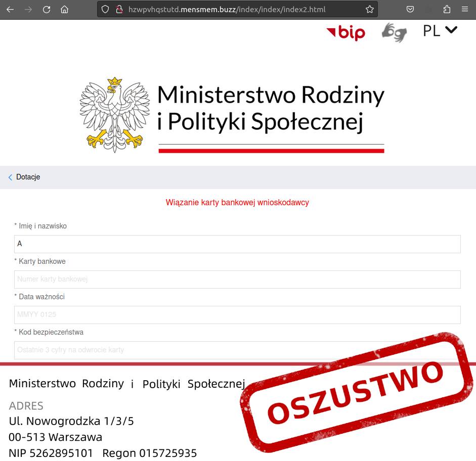 Oszustwo, bądźcie ostrożni! – formularz wiązanie karty bankowej wnioskodawcy.