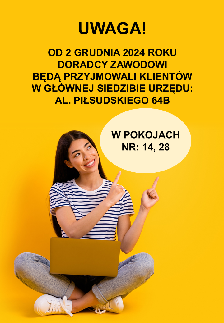 Zamieszczony plakat przedstawia informację dotyczącą przyjmowania klientów przez doradców zawodowych w głównym budynku urzędu od 02.12.2024 w pokoju nr 14 i 28